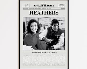 Heathers Movie Poster, Winona Ryder, Retro Newspaper Film Print, Custom Movie Wall Art