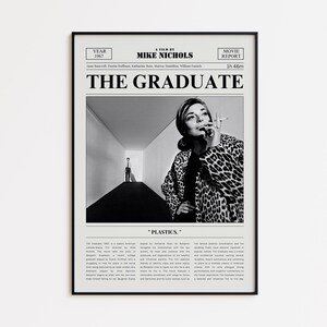May include: A framed black and white movie poster for "The Graduate" from 1967. The poster features a woman in a leopard print coat smoking a cigarette, with the text "PLASTICS." at the bottom. The poster also includes the names of the actors and director.