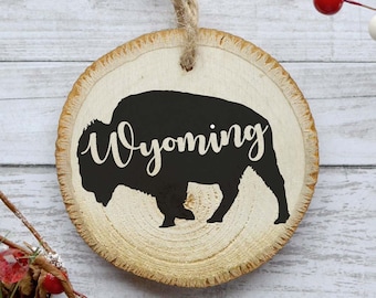 Wyoming Ornament, Christmas Tree Ornament, Natural Pine Wood Slice, Buffalo Ornament Decoration, Gift Idea