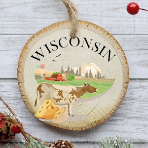 Wisconsin Ornament, Cheese Ornament, Natural Pine Wood Slice, State Ornament, Tree Decoration, Gift Idea