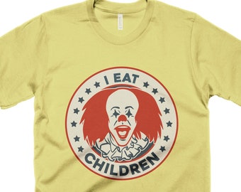 Camiseta Palhaço Assassino - Camiseta Engraçada de Circo com Palhaço Assustador - Eu Como Crianças - Piada de Palhaço Maligno - Filme de Terror Vintage - Halloween - Presente para Homens e Mulheres