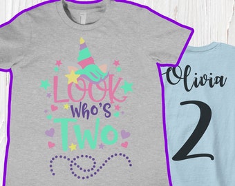 2nd Birthday Shirt, Unicorn Birthday Party Shirt, Look Whos Two Shirt, 2nd Birthday Shirt, Turning Two Gift Toddlers Birthday Baby Gifts