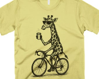 Giraffe on Bike T-Shirt, Funny Animal Graphic Tee, Whimsical Cyclist Shirt, Quirky Zoo Gift