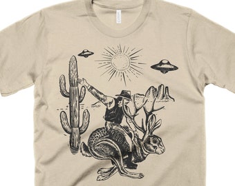 Jackalope T-Shirt Funny Cowboy Rodeo UFO Alien Shirt Roswell New Mexico Retro TShirt Mens Vintage Graphic Tee