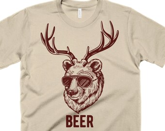 Funny Beer Bear Deer Graphic Tee, Vintage Style Alcohol Shirt