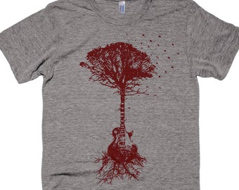 Camiseta com estampa de guitarra, camiseta com estampa de árvore, estampa de floresta, camisetas masculinas, camisetas femininas com estampas, presente