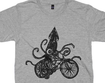 Squid on a Bike T-Shirt, Beach Shirts, Funny Octopus Art, Mens, Womens, Kids Tshirts