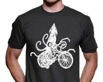 Mens Squid on a Bike T Shirt Funny Squid Tshirt Bicycle tees Bike Gifts Tshirts Men and Women Tshirts Tentacles Tshirt S-2X