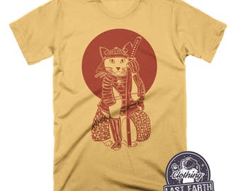 Samurai Cat T Shirts Japanese Warrior Feline Graphic Tee Funny Kawaii Kitty Anime Gift Cat Lover Ukiyo-e Style Art T-Shirt for Men Women