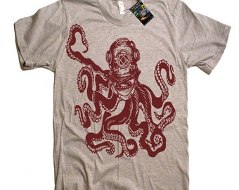 Mens Octopus T-Shirt, Octopus Deep Sea Diver Shirt, Beachy Gifts For Him, Ocean T Shirt, Nautical Shirt, Beach Lover Shirt, Surf Shirt Men