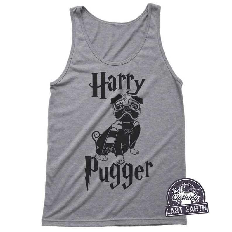 May include: Gray tank top with a black graphic of a pug wearing glasses and a scarf. The text "Harry Pugger" is printed on the shirt.
