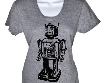 Womens Short Sleeve T-Shirt - Vintage Robot Tshirt - Geeky Gadget Shirt - Sci Fi Vintage Toy Robot Tee -Gift For Her - S M L Xl 2X