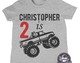 Camiseta de cumpleaños para niños, camiseta infantil de monster truck, camiseta con nombre personalizado, regalos personalizados, regalo de cumpleaños para niño pequeño, fiesta infantil de camiones