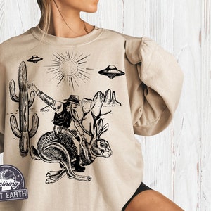 Jackalope Sweater Funny UFO Alien Roswell New Mexico Sweatshirt Retro Shirt Fleece Pullover Cowboy Rodeo