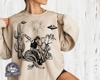 Jackalope Sweater Funny UFO Alien Roswell New Mexico Sweatshirt Retro Shirt Fleece Pullover Cowboy Rodeo