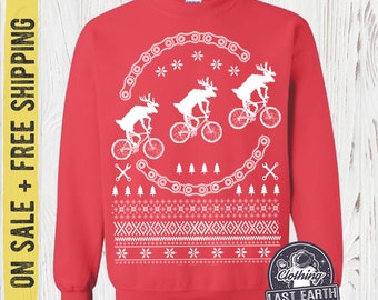 Adult 2X Christmas Sweater, Reindeer on Bikes Sweater, Fleece Pullover Sweatshirt, On Sale, Free Shipping