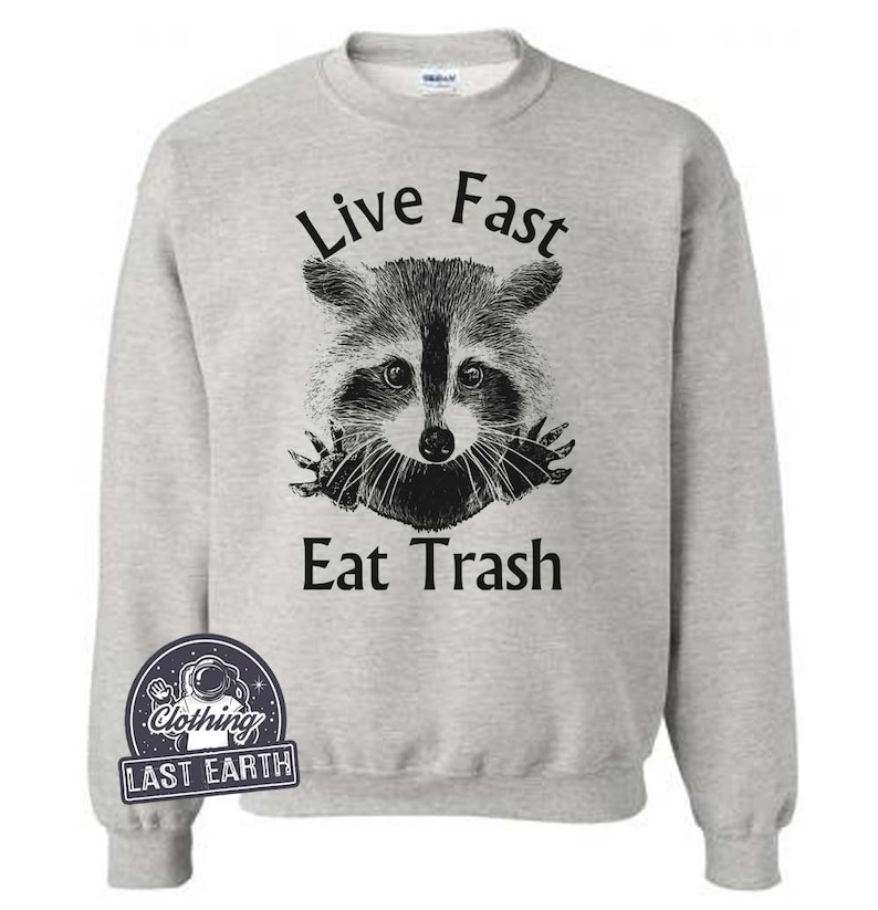 Puede incluir: Una sudadera gris con el texto "Live Fast Eat Trash" impreso en la parte delantera. Una ilustraci&oacute;n en blanco y negro de un mapache asoma por detr&aacute;s del texto.