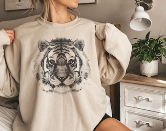 Tiger Sweatshirt, Tiger Lover Gift, Women's Unisex Tiger Face Sweatshirt, Animal Lover Gift, Tiger Shirt, Tiger Mascot Unisex Sweatshirt Tee