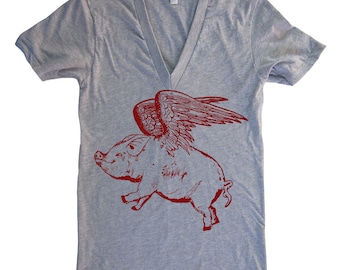 Womens Flying Pig Vneck T Shirt - V Neck - Womens Fitted Tshirt - Funny Animal Tshirt - Funny Tees - Womens Graphic Tees Vneck Shirts Gifts