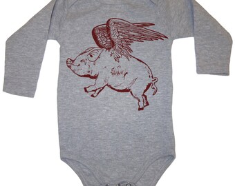 Flying Pig Long Sleeve Baby Bodysuit - Funny Pig Gift - Pigs - Bodysuit - Baby Piglet - Kids Clothing - 1st Birthday - Baby Shower Newborn