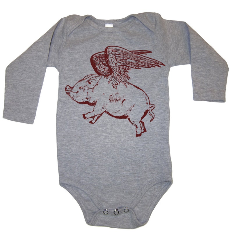 Flying Pig Long Sleeve Baby Bodysuit Funny Pig Gift Pigs Bodysuit Baby Piglet Kids Clothing 1st Birthday Baby Shower Newborn image 1