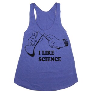 May include: A purple tank top with a black graphic of a hand holding a beaker and the text "I like science".