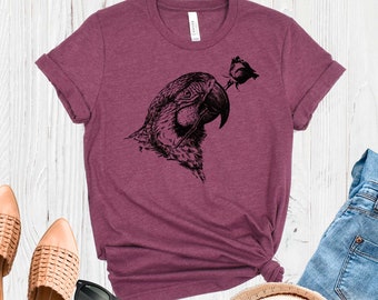 Papegaai- en rozenprint T-shirt, unisex T-shirt met verliefde vogels