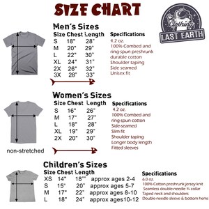 May include: Size chart for t-shirts with measurements in inches. The chart includes sizes for men, women, and children. The chart also includes specifications for each size, such as fabric weight and details about the fit.