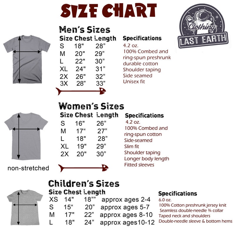 May include: Size chart for t-shirts with measurements in inches. The chart includes sizes for men, women, and children. The chart also includes specifications for each size, such as fabric weight and details about the fit.