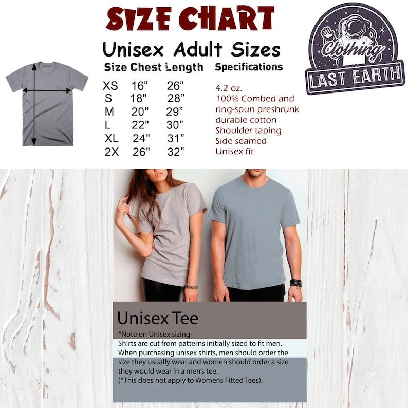 May include: Unisex size chart for t-shirts with measurements in inches. The chart shows chest and length measurements for sizes XS, S, M, L, XL, and 2X. The chart also includes specifications for the t-shirts, such as fabric weight, material, and fit.