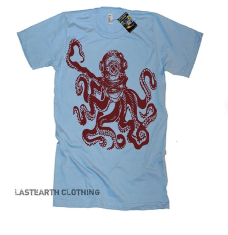 Mens Octopus T-Shirt, Octopus Deep Sea Diver Shirt, Beachy Gifts For Him, Ocean T Shirt, Nautical Shirt, Beach Lover Shirt, Surf Shirt Men image 2