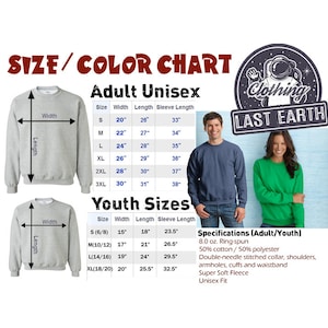 Puede incluir: Tabla de tallas para sudaderas unisex para adultos y j&oacute;venes. La tabla muestra el ancho, la longitud y la longitud de la manga en pulgadas para cada talla. La tabla tambi&eacute;n incluye las especificaciones de la tela, que es de 8,0 oz. hilado en anillo 50% algod&oacute;n y 50% poli&eacute;ster.