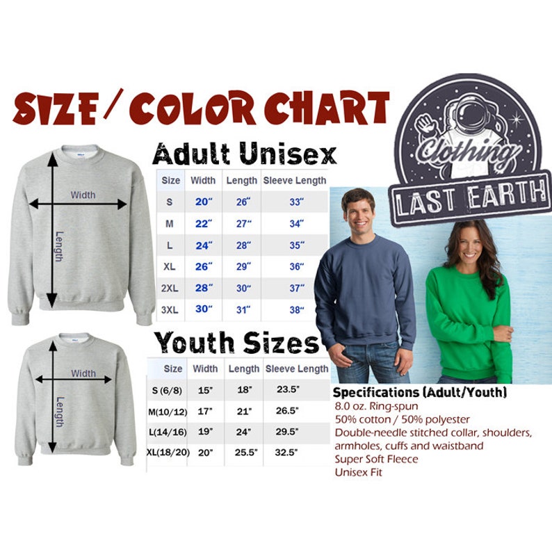 Puede incluir: Tabla de tallas para sudaderas unisex para adultos y j&oacute;venes. La tabla muestra el ancho, la longitud y la longitud de la manga en pulgadas para cada talla. La tabla tambi&eacute;n incluye las especificaciones de la tela, que es de 8,0 oz. hilado en anillo 50% algod&oacute;n y 50% poli&eacute;ster.