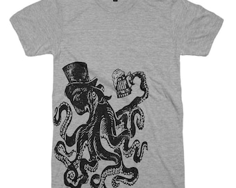 Octopus Drinking Beer T-Shirt, Tri Blend T Shirt, Mens, Womens Funny Shirts