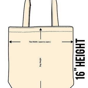 May include: A beige canvas tote bag with black handles and stitching. The bag measures 15 inches wide and 16 inches high.