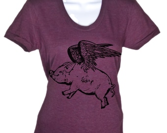 Flying Pig T Shirt - Funny Womens Farm Animal Tshirt - Pig Flying T-Shirt - Gift For Her - Piglet Bacon Shirt Funny Animal Gift - Girls Tee