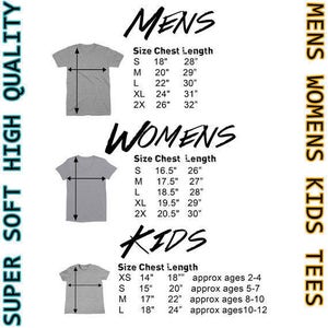 May include: Size chart for t-shirts in men's, women's, and kids' sizes. The chart shows chest and length measurements in inches. The kids' sizes also include approximate ages.