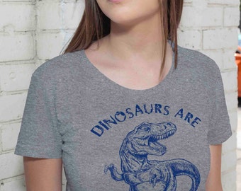 May include: A heather grey t-shirt with a blue dinosaur graphic and the text "Dinosaurs are Dino-mite!"