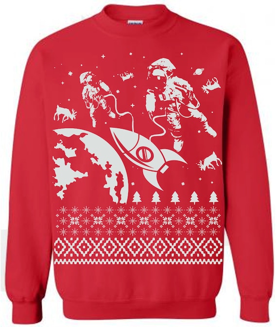 Astronaut in Space Ugly Christmas Sweater Black Crew Neck Sweatshirt