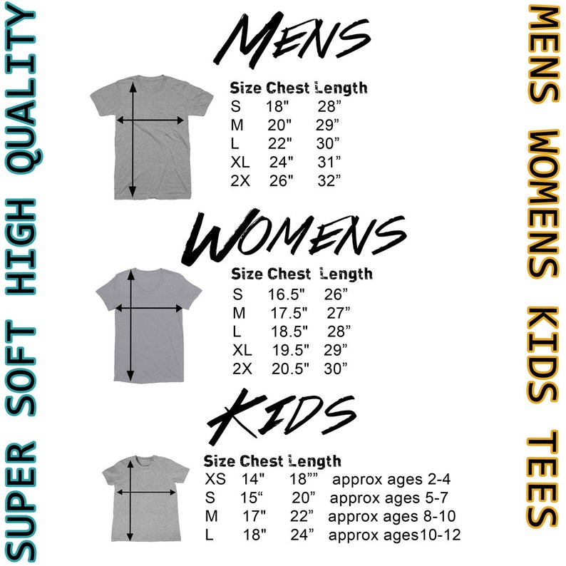 May include: Size chart for t-shirts in men's, women's, and kids' sizes. The chart shows chest and length measurements in inches. The kids' sizes also include approximate ages.
