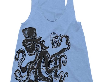 Otto the Octopus Tri-Blend Racerback Tank - Octopus Art Print Womens Graphic Tees Shirt Nautical Ocean Beach - Running Tank Top Gym Tank