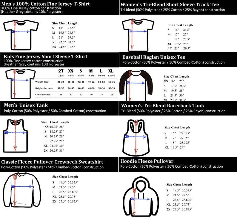 May include: Size chart for various t-shirts, tank tops, and sweatshirts. The chart includes measurements for chest and length in inches. The chart also includes the fabric composition for each garment.