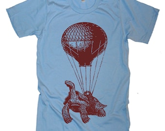 Flying Turtle T Shirt - Hot Air Balloon Tees - Womens Graphic Tees - Mens Tshirt - Dinosaur - Animal Art Designs Birthday Tees Gift Ideas