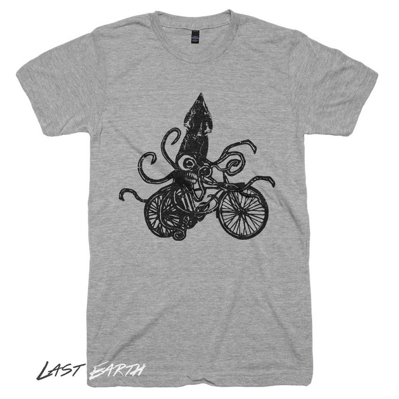 Squid on a Bike T-Shirt, Beach Shirts, Funny Octopus Art, Mens, Womens, Kids Tshirts image 1