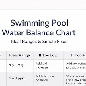 Könnte beinhalten: Eine weiße Tabelle mit dem Titel "Swimming Pool Water Balance Chart" mit idealen Bereichen und einfachen Lösungen für Poolwasserparameter. Enthält pH-Wert, freies Chlor, Gesamtalkalität, Calciumhärte und Cyanursäure.