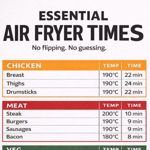May include: A graphic with the text "ESSENTIAL AIR FRYER TIMES" lists cooking times and temperatures for chicken, meat, vegetables, and frozen foods. Includes cooking times for chicken breast, steak, broccoli, and fries.
