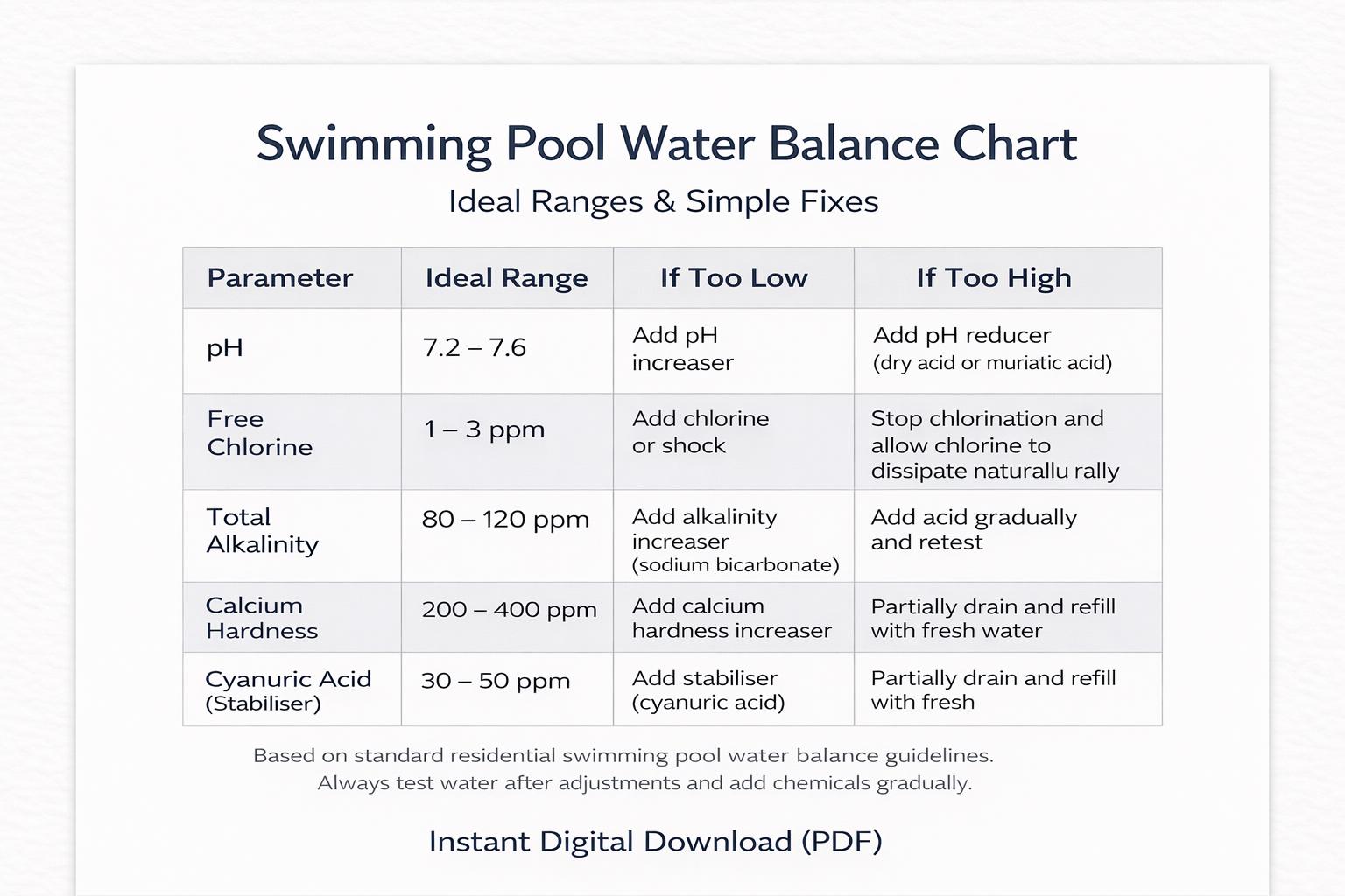 Visitor Pool Chart Pool Water Balance Chart | Pool Chemistry Guide (printable PDF) - Etsy