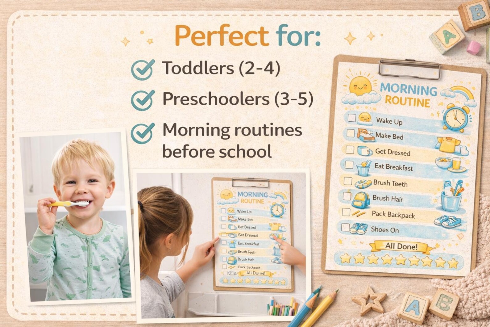 Morning Routine Chart for Kids Printable | Visual Morning Checklist for ...