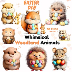 Peut inclure: Illustrations d'animaux de la forêt pour Pâques. L'image présente un écureuil, un hérisson, un hibou et d'autres animaux tenant des œufs de Pâques. Le texte comprend "Easter Day" et "Whimsical Woodland Animals."
