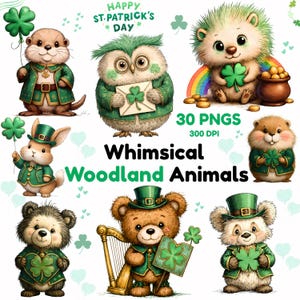 May include: A set of charming illustrations featuring woodland creatures such as an otter, owl, hedgehog, rabbit, bear, and hamster, adorned in green St. Patrick's Day outfits and shamrocks. The image includes the text "Happy St. Patrick's Day" and "Whimsical Woodland Animals."